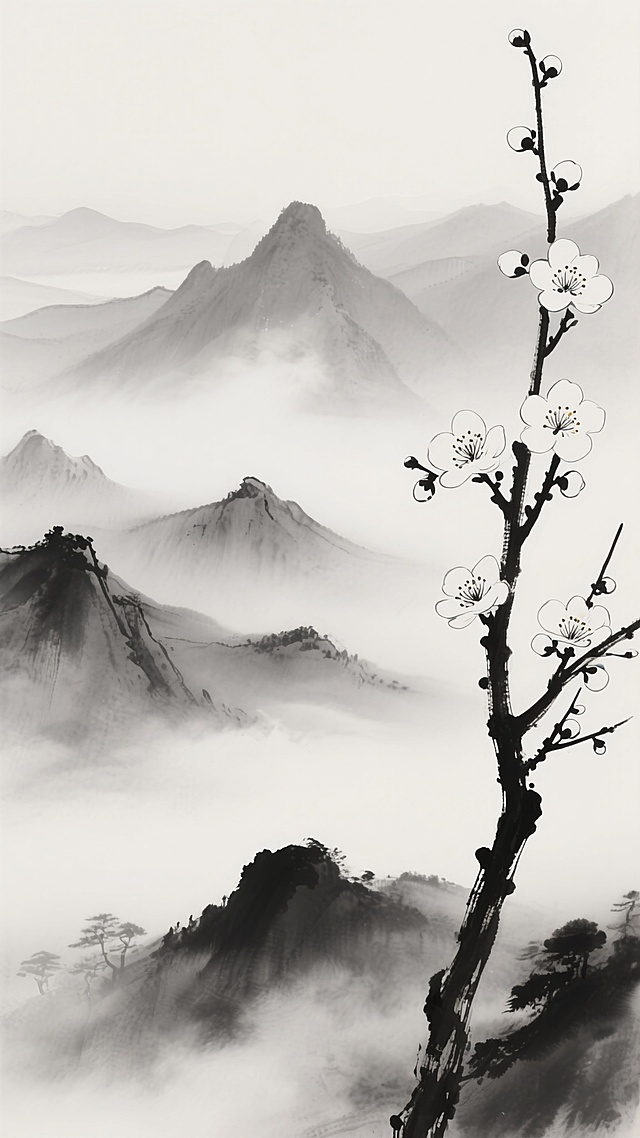 中国水墨画风格，黑白灰三色渲染，画面左侧一枝盛开的梅花，花瓣边缘清晰，花蕊点缀，枝干苍劲有力。远处是层层叠叠的山峦，山峰轮廓用淡墨勾勒，山间云雾缭绕，呈现出朦胧的意境，云雾以留白和淡墨晕染表现，轻盈飘逸。整体构图简洁空灵，意境悠远宁静，营造出淡雅、清幽的东方禅意氛围。