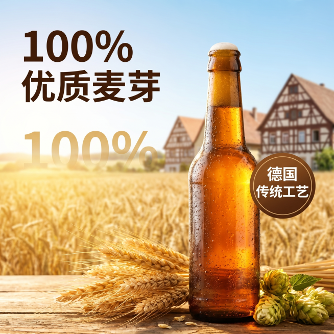 [主图 2] 德式精酿啤酒核心亮点产地溯源图。
[氛围风格] 德国巴伐利亚麦田产地风格，自然原生态，真实信任感；
[画质] 商业摄影质感、光线柔和通透、产品清晰真实、画面干净高级。
[元素] 前景主体预览效果