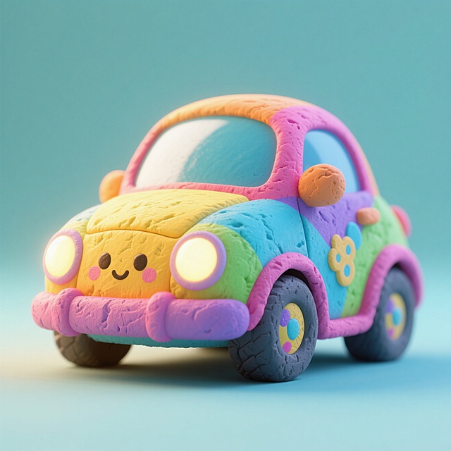 可爱卡通3D粘土风汽车，拟人化设计，色彩斑斓，童趣十足。