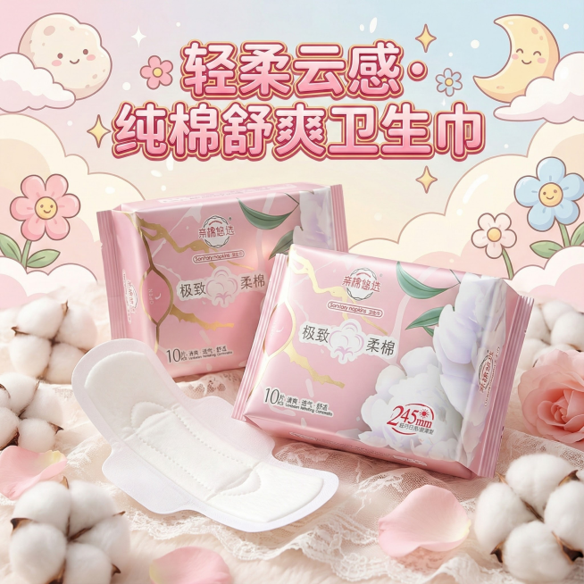 我是网店卖家，产品是女士生理期用品卫生巾，，根据你的经验帮我生成一个电商主图，/提升一些包装质感，切记不要出现网络违禁词,略微提升质感包装袋生成的包装主体不能改变，/背景可以更换更适合产品的高级背景/预览效果