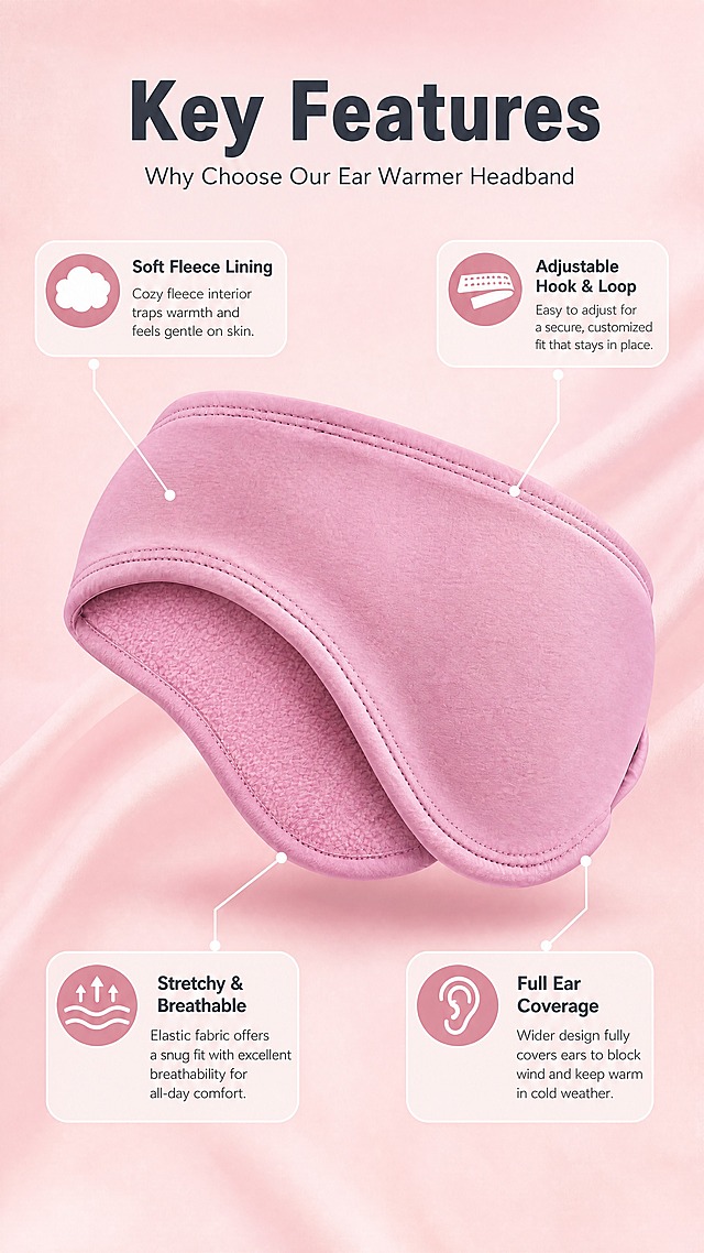 [商品] 使用【图1】粉色保暖发带；商品处理：保留发带整体弧形护耳造型、外层哑光弹力面料、内层粉色抓绒、双道缝线包边、整体粉色调；自然理顺面料纹理，增强抓绒蓬松质感与缝线工整度，不改变版型、颜色和结构。
[画面] 目标：核心卖点总览页，一图看懂四大核心优势。构图：居中偏上展示发带全貌（斜45度角，内层抓绒微露），四周分布四个卖点引线标注，上下留白。主体占比：发带占画面45%。景别：产品中景，完整展示外形。前中后景：前景产品清晰，中层柔粉色渐变背景，后景细腻织物纹理。阅读动线：从产品中心向四周扩散，依次读取四个卖点。
[视觉] 套系策略：风格=跨境极简高级商业摄影；标题字=现代无衬线粗体（英文字体）；正文字=简洁无衬线体；主色=柔粉色+深灰蓝；背景延展=基于柔粉色做深浅渐变、冬季冷调同色系层次、细腻织物/纸张质感；强调色=暖白色，仅用于小面积图标、引线和标签高光；标题色=深炭灰；正文色=中暖灰；组件=圆角浅底信息卡、细线引线、圆形图标；光影=正上方柔光，产品下方柔和投影。
[文字] 顶部主标题"Key Features"，副标题"Why Choose Our Ear Warmer Headband"；四个引线卖点顺时针分布：左上"Soft Fleece Lining"（配抓绒图标）、右上"Adjustable Hook & Loop"（配魔术贴图标）、右下"Full Ear Coverage"（配护耳图标）、左下"Stretchy & Breathable"（配弹力图标）；文字全部横向排版。
[规格] 图片比例9:16竖版，4K分辨率，避免变形、错字、文字过小、发带颜色改变、版型失真、纯白背景、卖点文字竖排。