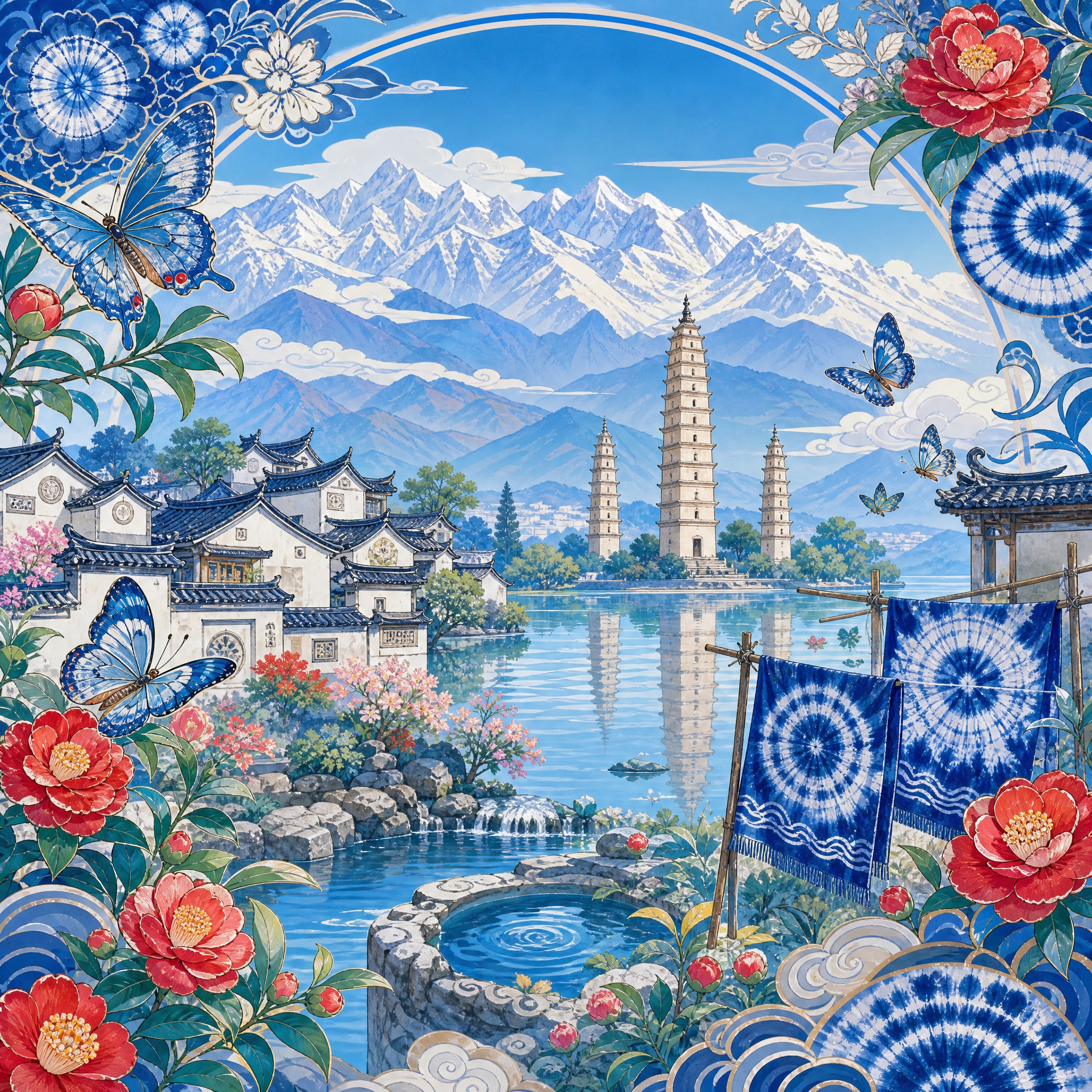 国潮风景插画，白族主题，大理苍山洱海风光，三塔倒映在洱海中，白… - 图片创意预览