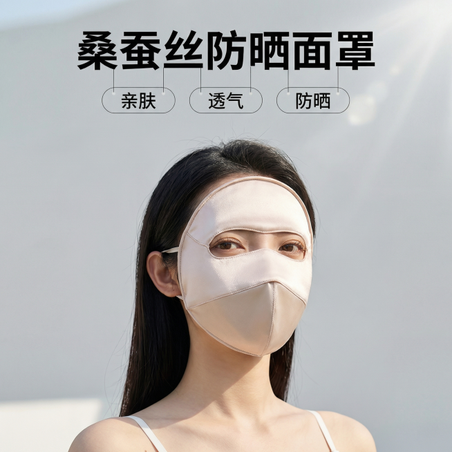 [主图 1] 桑蚕丝防晒面罩日常外出场景首图
[氛围/风格] 日常清爽户外风格，自然日光感，简约高级
[画面元素] 商业摄影质感、光线柔和通透、产品清晰真实、画面干净高级。亚洲女性模特佩戴桑蚕丝防晒面预览效果