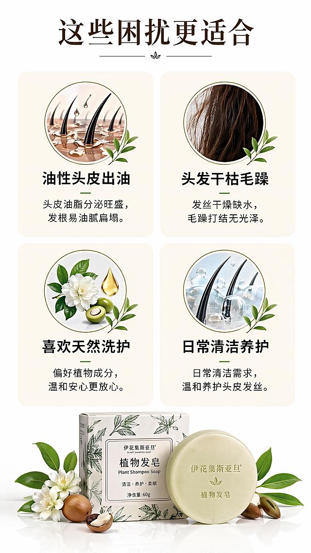 [第7屏] 伊花集斯亚旦植物发皂适用困扰与人群。
[氛围/风格] 清新实用风，网格布局，清晰易读。
[元素布局] 画面分为4格卡片，分别展示四类适用困扰：油性头皮出油、头发干枯毛躁、喜欢天然洗护、日常清洁养护；每格配圆形小图标+标题+短说明，底部放产品小图，卡片均匀分布，留白合理。
[光影质感] 均匀柔和布光，卡片边界清晰，文字不模糊。
[配色色系] 全局底色 #ffffff，卡片浅米色底，主标题深褐色，文字黑色清晰。
[视角构图] 2行2列网格排版，均衡分布，底部产品图居中。
[文字版式] 顶部主标题「这些困扰更适合」，每格卡片内标题简短，说明1句话，文字清晰不拥挤。
[比例分辨率] 9:16竖版比例，4K分辨率，文字清晰可辨，高清画质。
[负向提示词] 医疗术语，虚假承诺，排版错乱，文字过小，卡片变形。