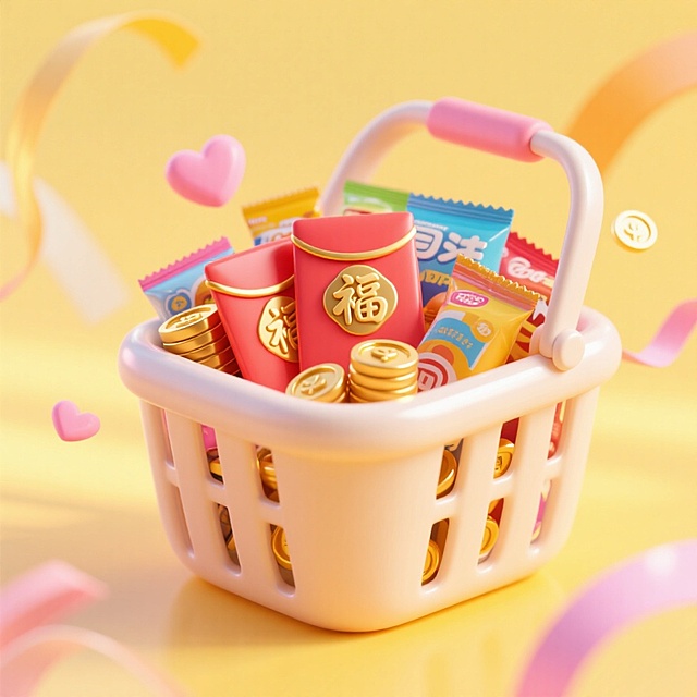 一个购物篮，里面有红包、金币、零食商品，点缀彩带、爱心，黄色渐变背景