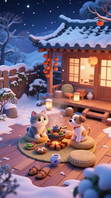 暖冬场景，繁华中式庭院夜景。画面主视觉是毛绒小猫和小狗围炉煮茶（食材丰富），坐在室内的草垫上；室内是木质地板，摆放木屐、圆形草编垫、瓷器。室外雪地覆盖，点缀积雪植物，中式木屋带雪顶屋檐，悬挂柿子串。预览效果
