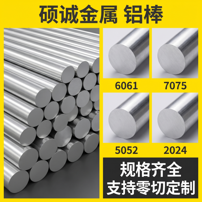 [主图 2] 铝棒核心卖点展示。[氛围风格] 专业工业五金风格，硬核可信。[画质] 商业摄影质感，产品清晰真实，画面干净高级，文字清晰可辨，超高清。[元素] 左侧整组铝棒大图展示，右侧分区域展示多种规预览效果