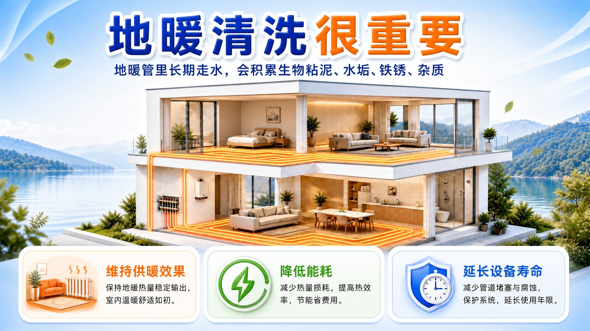 编辑这张地暖科普海报（参考图）：将底部「定期清洗地暖」区域重新… - 图片创意预览