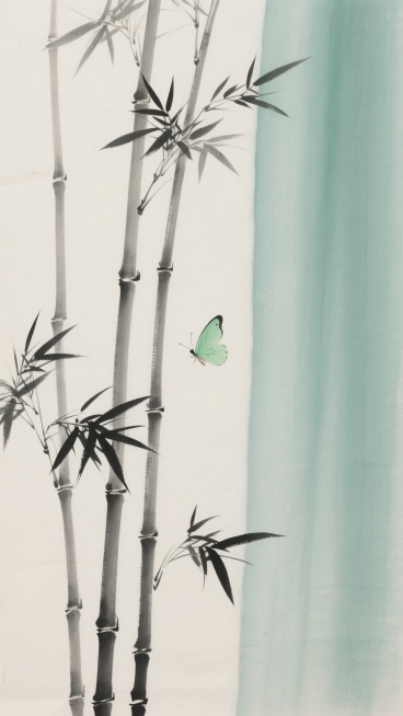 中国水墨画风格，淡雅米白色宣纸背景，右侧垂落一抹浅青绿渐变色块，画面绘数竿挺拔翠竹，竹叶舒展，墨色层次分明，浓淡相宜，一只轻盈的淡绿色蝴蝶翩跹于竹竿间，整体构图简约留白，笔触温润细腻，散发着宁静雅致、预览效果