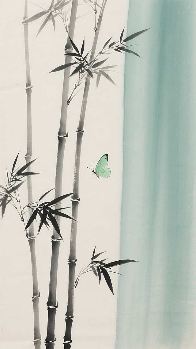 中国水墨画风格，淡雅米白色宣纸背景，右侧垂落一抹浅青绿渐变色块，画面绘数竿挺拔翠竹，竹叶舒展，墨色层次分明，浓淡相宜，一只轻盈的淡绿色蝴蝶翩跹于竹竿间，整体构图简约留白，笔触温润细腻，散发着宁静雅致、清新自然的古风意境，无任何文字元素
