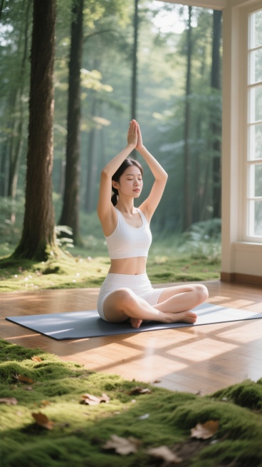 写实风格，一位年轻亚洲女性穿着白色运动背心和短裤，双腿交叉盘坐在瑜伽垫上，双手合十举过头顶，闭眼冥想，神情宁静专注。柔和的自然光从画面左侧照射进来，在人物身上形成明亮的高光和清晰的阴影，木地板上投射出窗格的光影。背景改为宁静的森林空地，周围环绕着高大的树木，地面铺满绿色苔藓和散落的树叶，阳光透过树叶缝隙洒下斑驳光点，整体氛围清新自然、平和放松。预览效果
