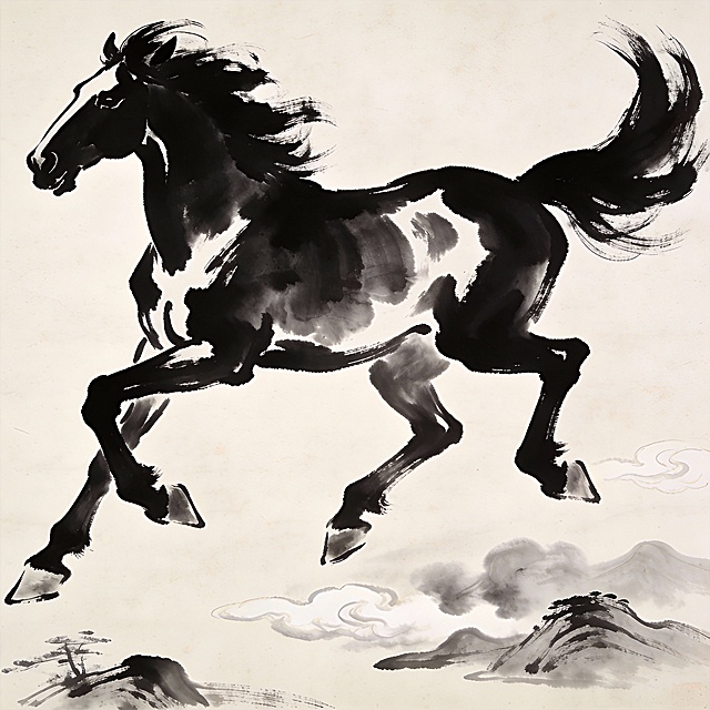 水墨风骏马奔腾，融合工笔细节与印象画派笔触，展现中式古典意境，云山衬托，国潮韵味十足。