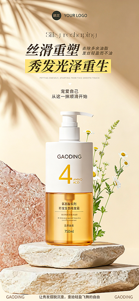 美业医美美发森系轻奢护发产品商业产品卖点宣传手机全屏海报
