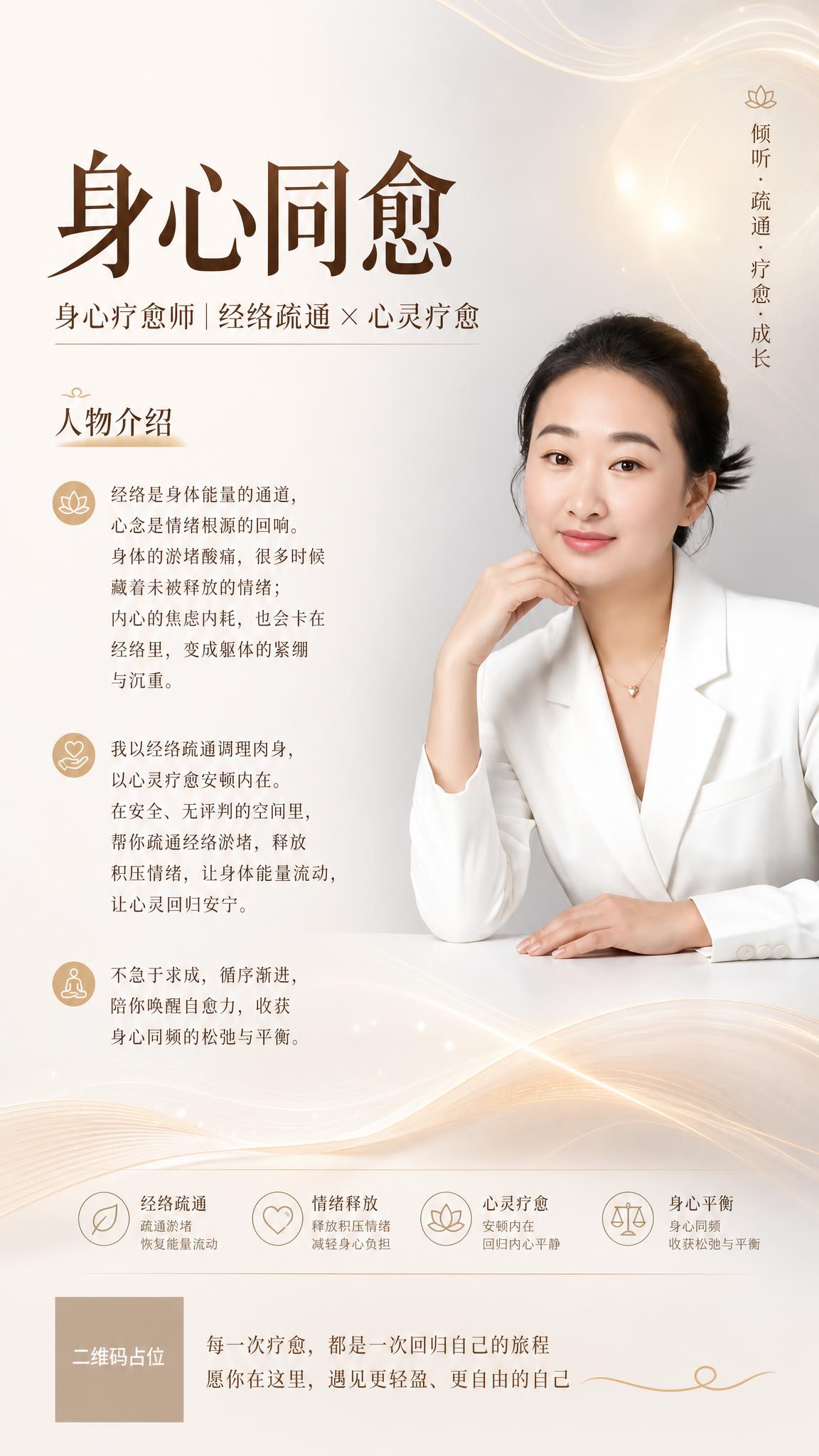 高端大气的身心疗愈形象宣传海报，竖版9:16，极简留白风格，静… - 图片创意预览