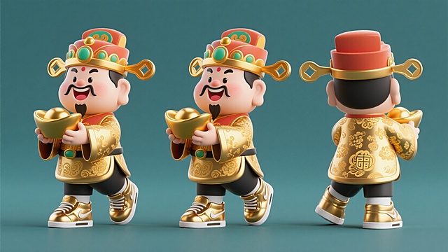 3D卡通财神，拟人化设计，鎏金服饰，喜庆氛围。