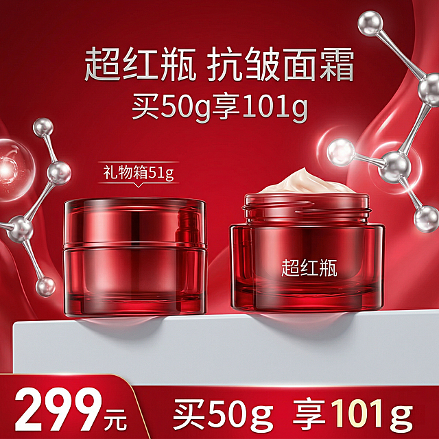 电商主图首图，超红瓶抗皱面霜放在极简高级灰色柔光静物台，背景是通透深红色渐变流体，搭配银色3D抗皱分子点缀，右侧放置一瓶50g正装，左侧放置一瓶51g赠品，营造买赠超值氛围。主文案："超红瓶 抗皱面霜"，副标题："买50g享101g"，底部通栏色块，左侧醒目展示价格："299元"，整体风格高端美妆护肤，纯净科技感，通透水润亮调，柔光箱光影，瓶身有透光质感，文字不遮挡产品主体，布局呼吸感充足，1:1构图，符合国内电商平台规范，没有违规内容。