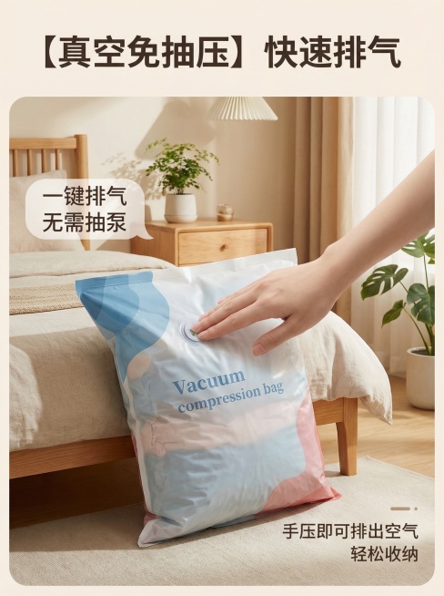 [主图 2] 真空免抽压功能展示
[氛围/风格] 日式简约 家居治愈风 温馨居家生活感 一致光影
[画面元素] 保持原产品外观完全一致，主体展示大号真空压缩袋手动排气过程，一只手轻压压缩袋排出空气，展预览效果
