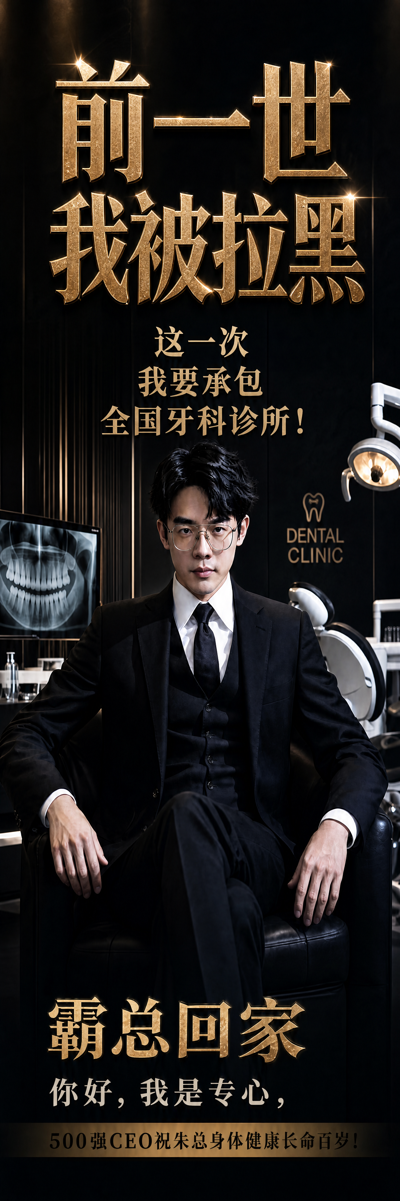 短剧霸道总裁风格牙科主题海报，黑色系主色调，写实商业摄影，中心… - 图片创意预览