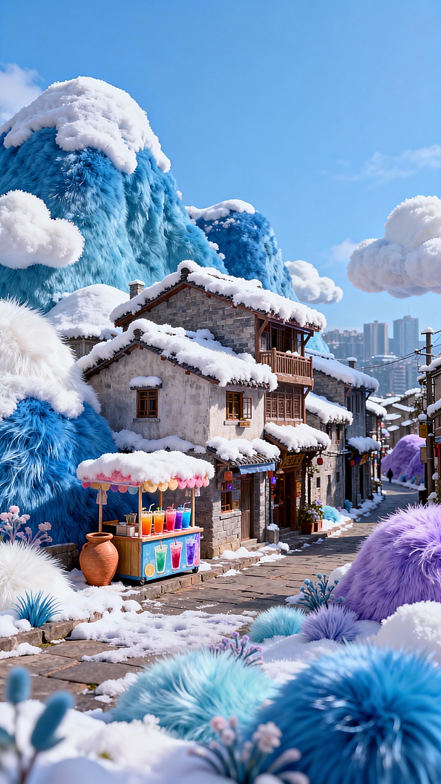 以 “绒化冬日乡野” 为核心，用毛绒质感重构传统村落：将青瓦民居、街边小摊裹上蓬松雪绒，让山石、植被化作蓝紫渐变色的柔绒团簇，背景叠入现代楼宇的朦胧轮廓，既保留乡野街巷的烟火气（彩罐、摊位），又以柔软纤维消解冬日的冷寂，用 “现实场景 + 毛绒材质” 的混搭，织就一场 “暖糯旧时光撞见轻科幻” 的温柔梦境，每一处绒感细节都在打破现实与童话的边界
