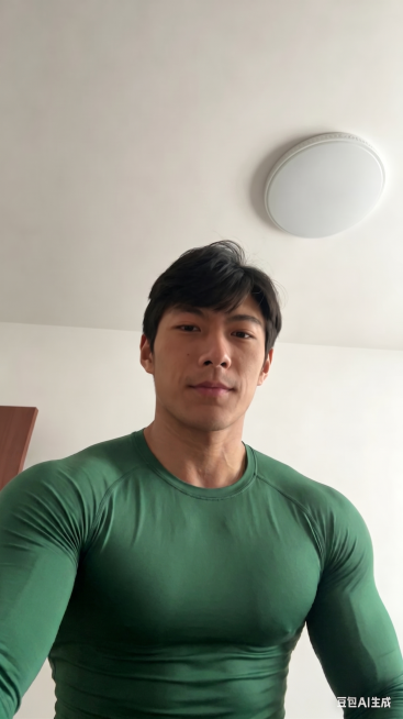 保留模特的长相和发型，将模特修改为强壮的肌肉男，紧致肌肉轮廓，保持绿色紧身衣和原室内背景不变，照片真实自然预览效果
