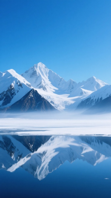 超写实摄影风格，纯净的蓝色天空下，雄伟的雪山群峰被皑皑白雪覆盖，山峰轮廓清晰，山体上有深色岩石纹理点缀，山脚下环绕着轻柔的薄雾，前景是平静如镜的冰面，完美倒映出雪山和天空的景象，整体色调以纯净的蓝白色为主，光影柔和，光线明亮，营造出宁静、圣洁、壮阔的自然氛围，画面构图采用远景全景式，层次分明，空间感强，细节丰富，质感细腻。预览效果