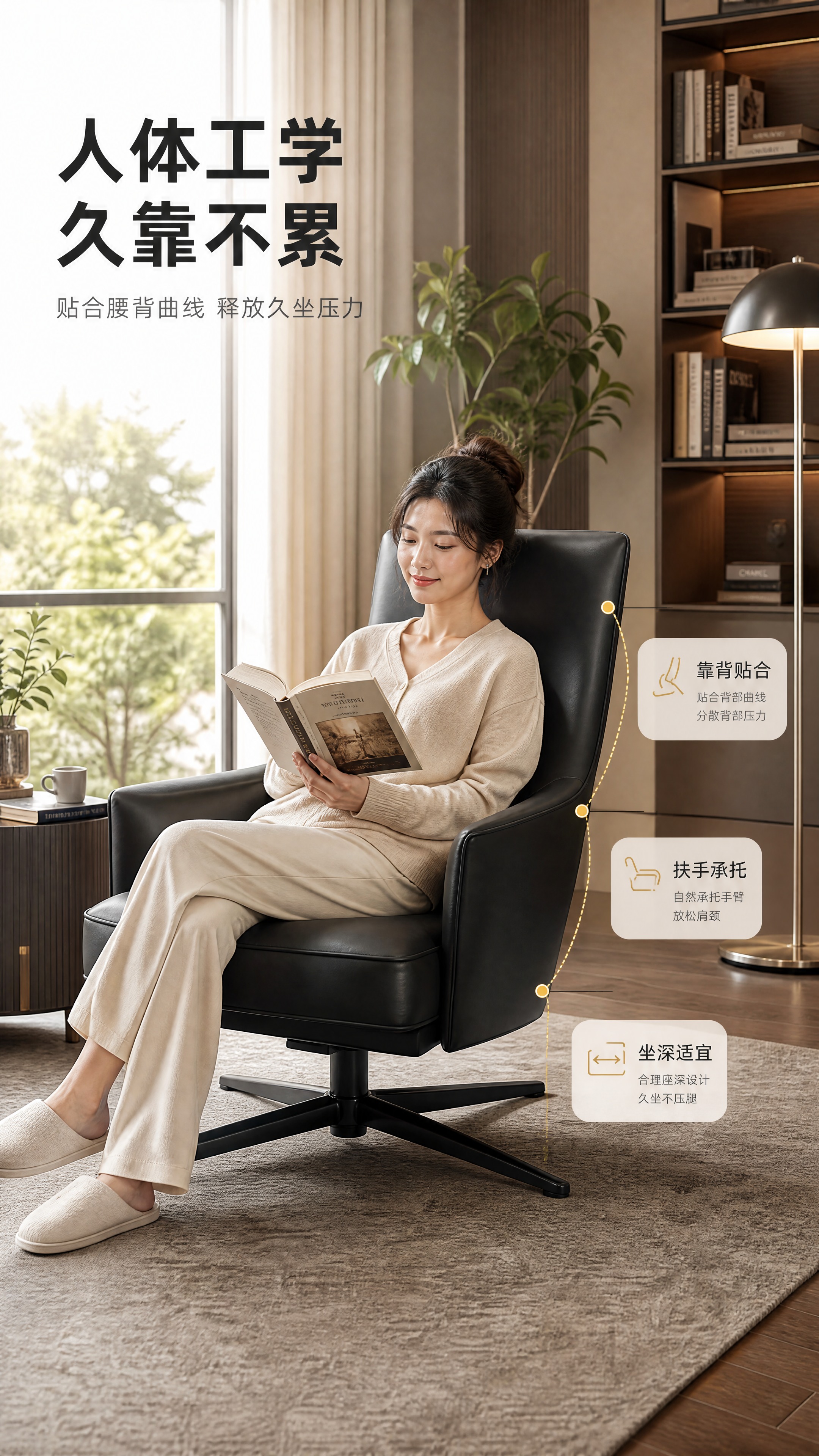 [商品] 使用【图1】黑色真皮单人旋转休闲椅；保留高靠背流线型… - 图片创意预览