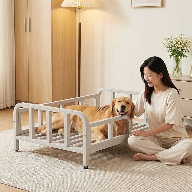 浅灰色金属框架狗床，保持原产品物理结构绝对不变，床下面没有轮子，床腿没有额外东西，床上没有床垫。产品主体不变形不扭曲。
微俯视视角，三分法构图，平稳放置在奶油风卧室的浅米色地毯上，有清晰接触阴影。
背景是浅原木色衣柜和奶白色墙面，落地灯暖光，小清新温馨卧室氛围。
床上趴着一只慵懒开心的金毛，年轻东亚女孩坐在床边地毯上，温柔抚摸狗狗的后背，姿态放松。
柔和漫射暖光，房间整体偏暖调，低对比度，阴影柔和，画面干净明亮，莫兰迪奶油色系。
床头柜点缀一瓶白色洋甘菊，氛围温馨治愈，生活感满满。
淘宝种草风摄影，8K分辨率，通透干净，小清新风格。保持 1:1 画面比例。
