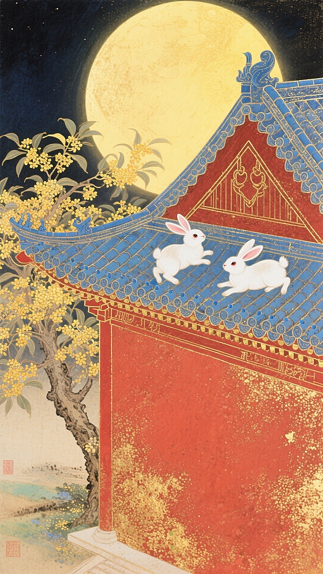工笔风与国潮风交融，鎏金岩彩点缀，古典中式建筑下，玉兔跃于屋檐，桂树映月，梦幻唯美，尽显中秋雅韵。