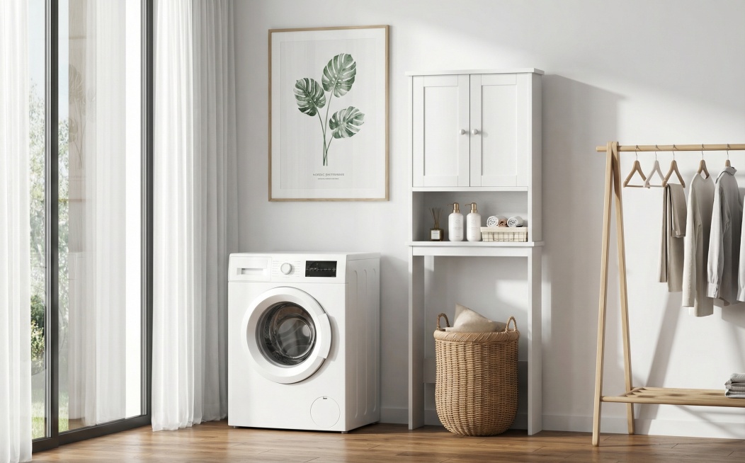 保留白色置物架的角度和整体配件尺寸，将背景替换为：左侧是带白色纱窗的落地窗户，白色墙面，木质地板，光源从左侧窗户照入；白色置物架左边放置参考图二款式的洗衣机，洗衣机右边放置和图二款式相似但不同的挂衣架预览效果