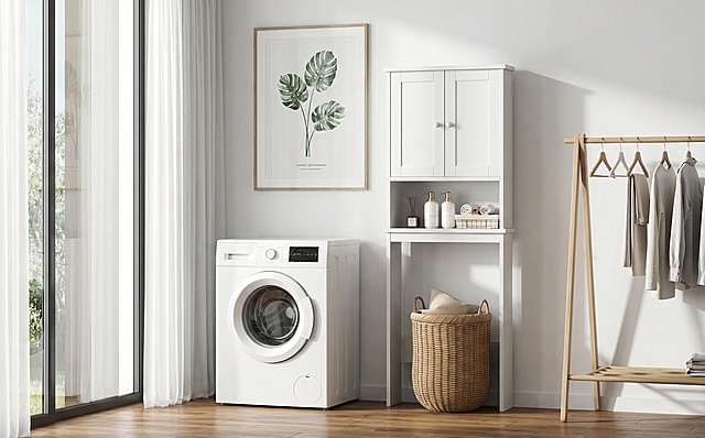 保留白色置物架的角度和整体配件尺寸，将背景替换为：左侧是带白色纱窗的落地窗户，白色墙面，木质地板，光源从左侧窗户照入；白色置物架左边放置参考图二款式的洗衣机，洗衣机右边放置和图二款式相似但不同的挂衣架，洗衣机上方墙面上挂一幅北欧画