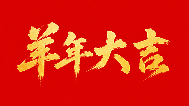 干净的纯红色背景，没有任何纹路和装饰。平面艺术字体设计，主体文字“羊年大吉”，保留原图毛笔书法风格，字体颜色为金色，毛笔粗笔书法笔触，笔画粗细对比鲜明，末端自然散开，端正横排构图，整体风格大气喜庆，仅包含“羊年大吉”四个字，不得增加或遗漏文字，文字整体必须完整呈现在画面内不可被裁切，四周留有安全边距