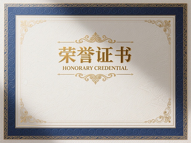 一张荣誉证书设计图，整体风格为正式、典雅的证书样式，主色调改为深蓝色与金色搭配，色彩和谐庄重。证书中央上方有金色立体浮雕效果的“荣誉证书”四个大字，下方为金色英文“HONORARY CREDENTIAL”及装饰性花纹线条。边框样式改为深蓝色卷草纹与金色回纹相结合的双层边框，外层为深蓝色连续卷草纹样，内层为金色精致回纹，边框线条细腻流畅，带有轻微的浮雕质感。证书背景为米白色带有细腻暗纹的纸张纹理，整体光影柔和，高光集中在文字和边框的浮雕部分，营造出高端、正式且具有权威性的氛围，视觉层级清晰，核心信息突出，符合荣誉证书庄重、正式的设计目的。