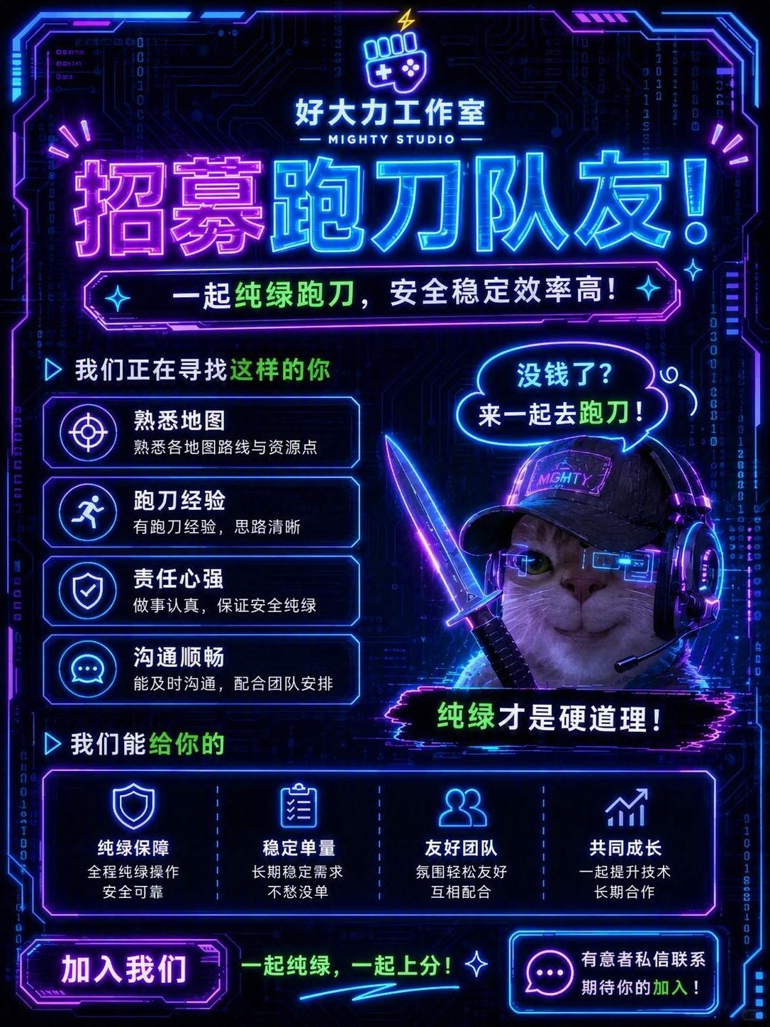 将这张招募跑刀队友的海报重新设计，保留所有文字内容和信息结构不… - 图片创意预览