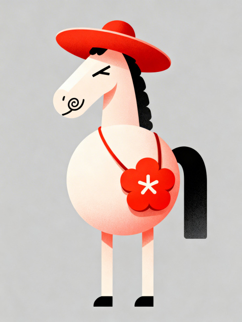 这幅作品由陈漫、原研哉、无印良品与香奈儿总监再次携手创作，完美地结合了高端时尚与简约设计理念。画面中，拟人化的马以极具创意的圆形身体展现，夸张的比例和纤细的长腿散发出时尚潮流的风格，头戴圆形宽檐帽，增预览效果