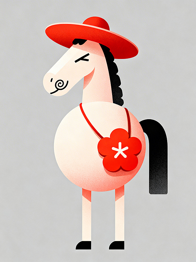 扁平风与拟人风结合，萌趣马儿戴红帽、背花包，几何线条勾勒甜蜜感，简约主义中透出可爱卡通气息，节日氛围跃然纸上。