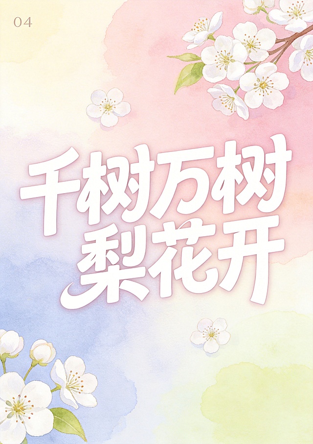 以参考图中的“千树万树梨花开”艺术字体为主体，制作A4尺寸的浪漫水彩风海报，整体配色浪漫柔和，采用水彩晕染背景，搭配梨花元素点缀，保留原字体的设计风格，整体氛围清新浪漫