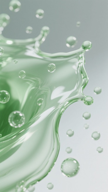 高清摄影风格的绿色透明液体飞溅特写，主体为流动的浅绿色液体，表面光滑且富有光泽，带有晶莹剔透的质感，液体飞溅形成自然的波浪状曲线和不规则的边缘，内部和周围分布着大小不一、圆润饱满的透明气泡，气泡表面反射着柔和的光线，背景为纯净的浅灰色渐变，光线从斜上方照射，在液体表面形成明亮的高光和细腻的阴影，整体营造出清新、水润、富有生命力的氛围，画面构图聚焦于液体飞溅的动态瞬间，细节清晰，色彩和谐统一，具……预览效果