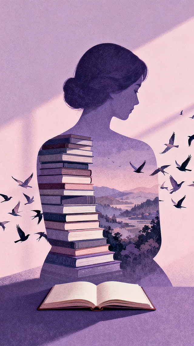 莫兰迪紫粉色调，光线柔和聚焦，投射温柔阴影。画面呈现姿态沉思的女性背影轮廓，轮廓内嵌有序艺术排列的书本堆叠风景，轮廓周围环绕许多飞鸟，下方有一个打开的本子