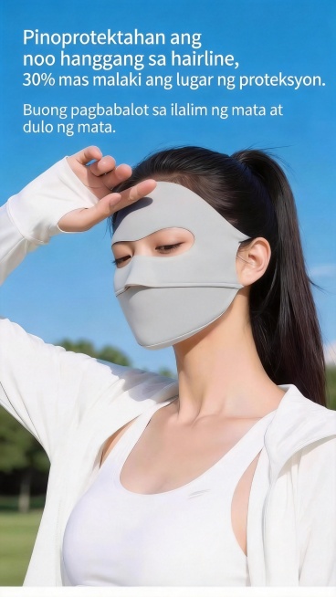 原图是防晒面罩防护范围广告图，保留原构图和画面元素，将中文替换为他加禄语翻译：'Pinoprotektahan ang noo hanggang sa hairline, 30% mas malaki预览效果
