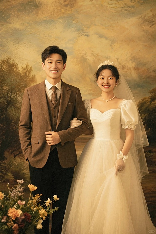 婚纱照，男生在左女生在右，背景是浓郁的暖黄色光影老油画，前景鲜花点缀，两人甜蜜微笑，正面照