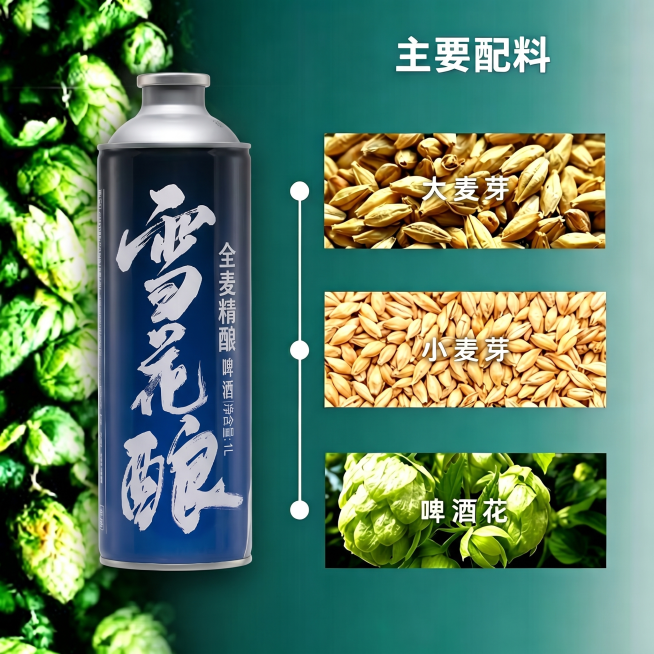 将第二张图里的啤酒易拉罐放入第一张图背景的左侧位置，保持原背景内容和所有文字不变，图片整体自然美观，比例协调预览效果