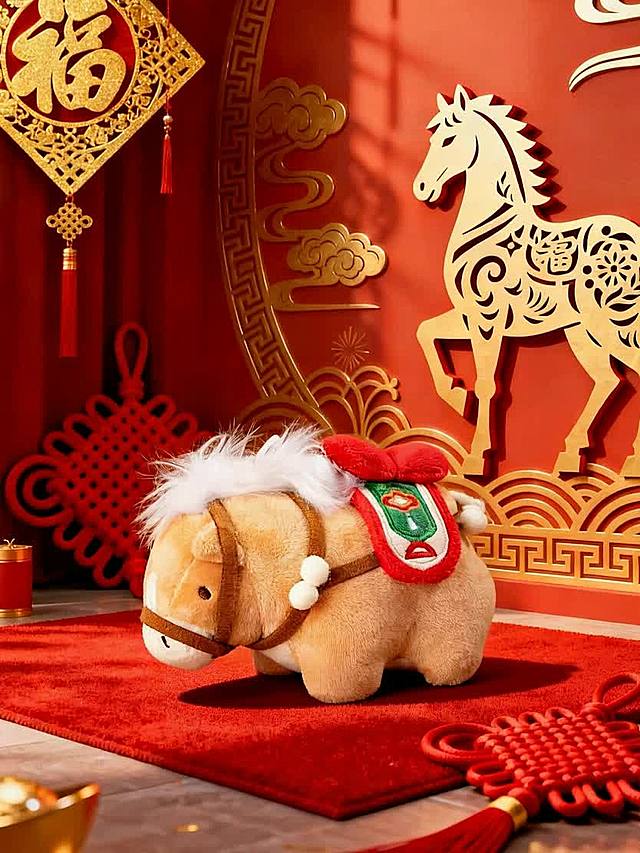 软3D风格毛绒小马，拟人化笑脸搭配铃铛与节日彩饰，卡通感十足，萌趣可爱，传递温暖新年氛围。