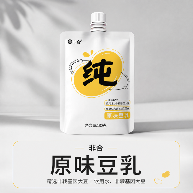 生成非合原味豆乳的电商主图，产品包装展示在画面中，配料为饮用水，非转基因大豆，不需要白底图和礼盒图，图片中不要出现0蔗糖0添加这类的字眼，也不要出现价格，设计风格为现代简约风，需要添加产品标题文案和底预览效果