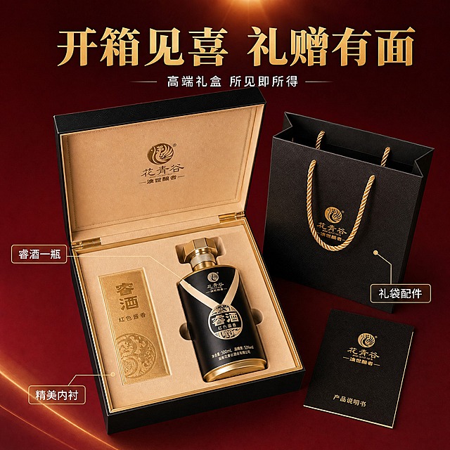 [主图-2] 花青谷睿酒礼盒开箱展示图，展示开盒所见即所得的高端礼赠体验。
[统一基调] 京东平台风格，简洁稳重，文字占比小于30%，一图一重点。整体高端商务质感，深酒红渐变背景搭配金色光晕，主标题金色粗体字，辅助文案白色细黑体，强调色为酒红色与金色。
[画面] 花青谷睿酒礼盒呈打开状态，盒盖向后翻开，盒内米金色内衬中稳稳放置着一瓶睿酒，旁边还有配套的礼品袋和说明书等配件。礼盒+酒瓶+配件整体占画面约65%，居中放置，呈俯视45度角展示开箱效果。盒内细节丰富：绒布内衬、固定卡位、品牌烫金等都清晰可见，体现高端包装品质。背景为深酒红色渐变，突出礼盒内部的精致感。
[光影质感] 商业摄影质感，主光从上方45度照射，盒内光线均匀柔和，瓶身有自然反光，内衬绒布有细腻的纹理质感，整体光影层次丰富，体现开箱的惊喜感和高端品质。
[配色] 背景深酒红渐变，盒内米金色，瓶身黑金配色，文字金色与白色，整体精致高贵。
[文字版式] 画面上方主标题"开箱见喜 礼赠有面"金色粗体大字，下方副标题"高端礼盒 所见即所得"白色细黑体。用细引线标注盒内各部件：睿酒一瓶、精美内衬、礼袋配件。
[输出要求] 1:1正方形比例，2048x2048像素，文字清晰可读，产品清晰完整，开箱细节真实，无错字，无水印，无平台Logo。