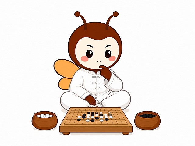 保持小蜜蜂外形和白色太极服不变，修改为盘腿坐姿，正在下棋对弈，一只手托下巴做思考表情，保留卡通插画风格，白色背景