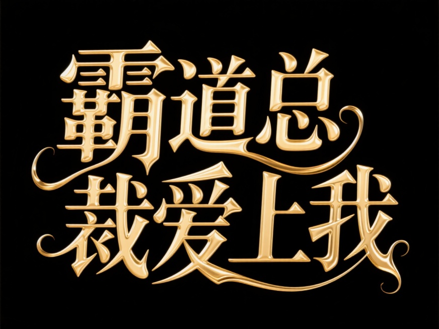主标题”霸道总裁爱上我"，艺术字体设计，要求哥特风格，笔画硬朗，大气磅礴，字体金色流体效果，雪儿字体笔画巧妙延长设计变形，纯色背景，黑底白字预览效果