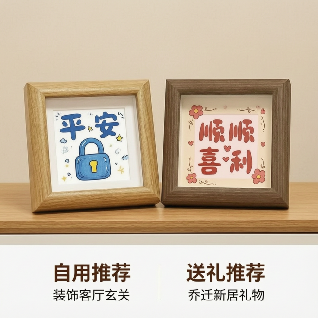 [主图-5] 组合装展示与选购建议图
[氛围风格] 整洁清晰，安心信任感
[画质] 商业摄影质感、光线柔和通透、产品清晰真实、画面干净高级
[元素] 整套两款装饰画组合并排摆放在浅原木色玄关台面上，背预览效果