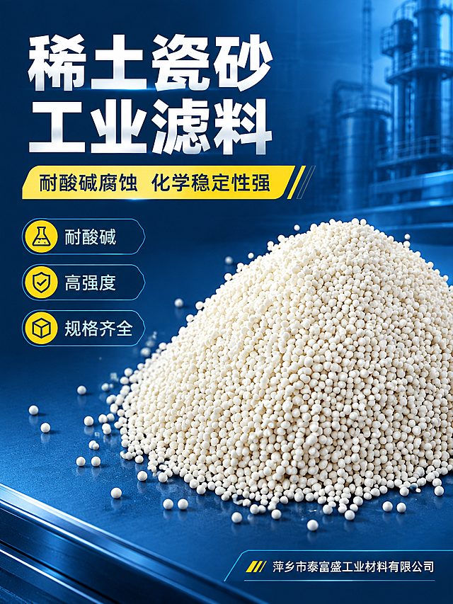 [商品] 使用【图1】稀土瓷砂白色颗粒产品；保留产品白色球形颗粒形态、颜色、材质质感；产品为工业滤料，用于水处理过滤。
[画面] 目标：专业头图，建立工业材料品牌专业感。左文右图构图，左侧标题区，右侧产品主体占画面55%。稀土瓷砂颗粒堆放在工业质感的蓝色背景上，周围散落少量颗粒，体现产品真实质感。背景为深蓝色工业风渐变，带有细微的科技网格纹理。前景有轻微的光影层次。
[视觉] 套系策略：风格=工业专业商业摄影风；标题字=粗黑体厚重有力；正文字=简洁无衬线体；主色=深蓝藏青色；背景延展=基于深蓝做深浅渐变、同色层级和工业金属质感；强调色=明黄色，仅用于小面积标签、图标和重点高亮；标题色=白色；正文色=浅灰蓝色；组件=圆角深蓝信息卡、细线引线、工业风图标；光影=左前侧冷调硬光，突出颗粒立体感。
[文字] 左侧上方主标题「稀土瓷砂 工业滤料」8字，副标题「耐酸碱腐蚀 化学稳定性强」12字；下方3个短卖点：「耐酸碱」「高强度」「规格齐全」；文字不遮挡产品主体。右下角标注公司名「萍乡市泰富盛工业材料有限公司」。
[规格] 图片比例3:4竖版，4K分辨率，负向提示：避免变形、错字、文字过小、模糊、卡通风格、暖色调背景、产品颜色改变、颗粒形态失真。