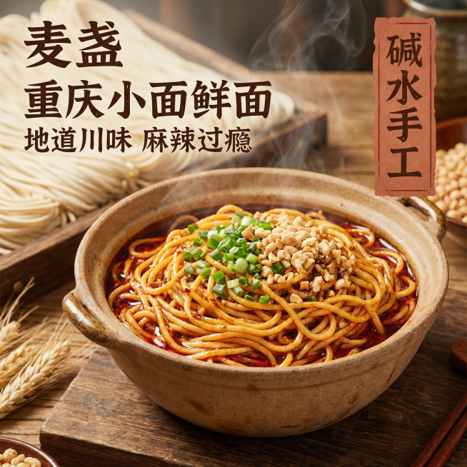 [主图 1 点击率首图] 麦盏品牌重庆小面鲜面主图，川味烟火风格，食欲感氛围，一碗调好的成品重庆小面装在粗陶大碗中，碱水面条根根分明裹满红亮辣椒油，上面撒上葱花和花生碎，香气扑鼻的热气升腾，摆放在复古预览效果