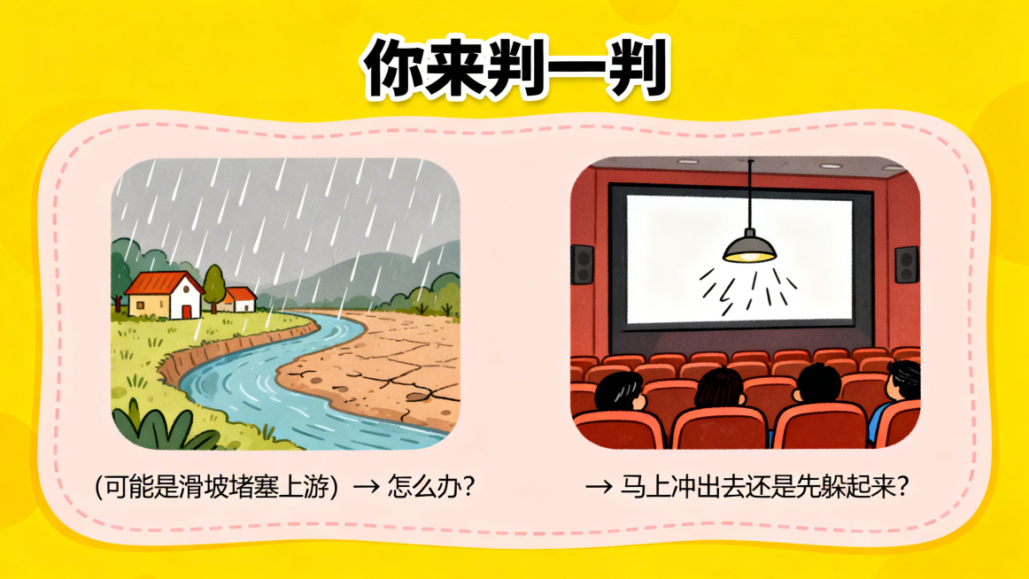 PPT页面，标题为"你来判一判"，分两个情景展示：情景1是下雨天家门口小河突然没水的卡通场景，配文"（可能是滑坡堵塞上游）→ 怎么办？"；情景2是电影院里地震的卡通场景，配文"→ 马上冲出去还是先躲起预览效果